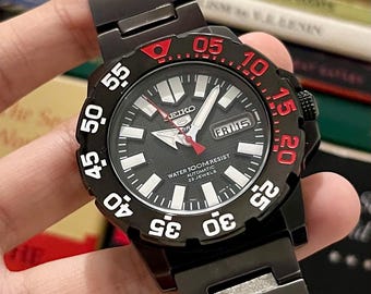Rare Seiko 5 Sports Baby Monster | Black PVD, Red Bezel | Full Set