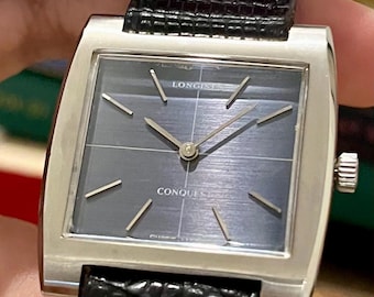 Vintage Longines Conquest Square Watch | Blue Crosshair Dial, Automatic Swiss timepiece