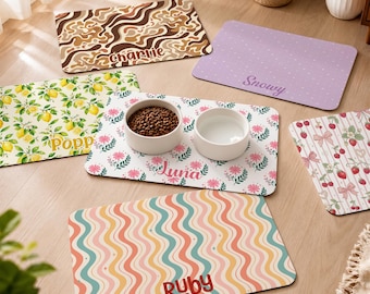 Tapete personalizado para comida de perro, patrón y fuente de nombre personalizados, cachorro, gatito, gato, tapete impermeable para el suelo del perro, decoración del hogar, regalo para una nueva mascota