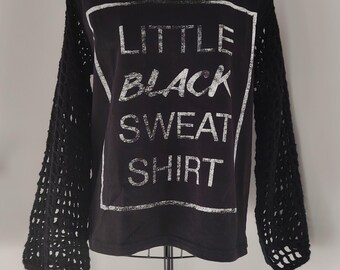 Upcycled Black Sweatshirt with Hand-Crocheted Sleeves | One of a Kind | Upcycled by Ollan Crafts