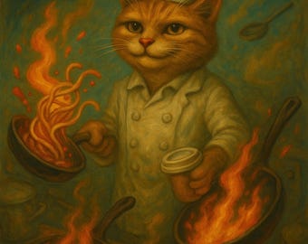 Funny Cat Chef Art Print, Smug Cat Cooking Spaghetti, Digital Download, Printable Kitchen Wall Art, Cat Lover Gift, Food Poster, Instant PNG
