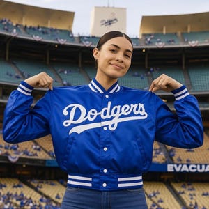 Frauen Blau Satin Baseball Varsity Jacke | Sportliche Retro Bomberjacke