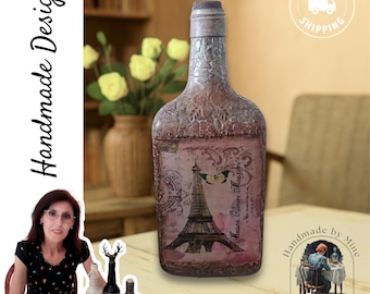 Handmade Textured Art Glass Bottle: Rustic Upcycled Home Decor