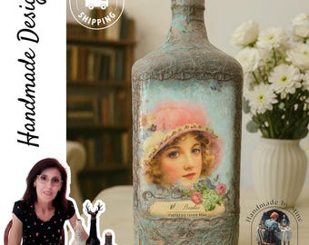 Handmade Textured Art Glass Bottle: Rustic Upcycled Home Decor