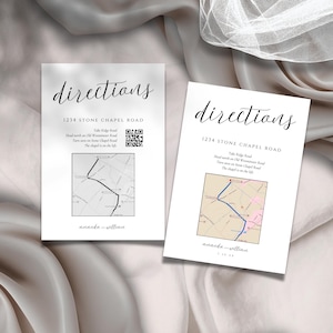 May include: Two white cards with the word "directions" in elegant script. Each card features a map and address: 1234 Stone Chapel Road. One map is black and white, the other has color-coded roads.