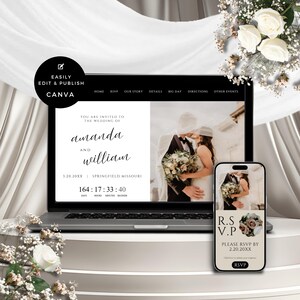May include: A laptop and smartphone displaying a wedding invitation. The laptop screen shows the names "amanda" and "william", the wedding date, and a countdown timer. The smartphone displays an RSVP section. The background includes white flowers and draped fabric.