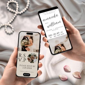 May include: Two smartphones displaying wedding invitations. One shows "R.S.V.P." and RSVP details. The other displays "amanda and william" wedding details, date, and a countdown timer. The background includes pearls and fabric.