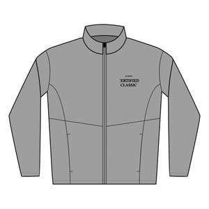 May include: A gray zip-up jacket with a stand-up collar. The jacket has a full-length zipper and two side pockets. The text "40 YEARS CERTIFIED CLASSIC" is printed on the upper chest area. The jacket is a solid color.