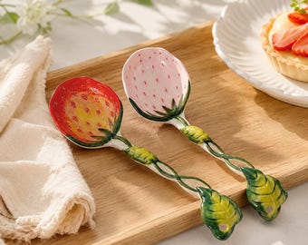 Handmade Strawberry Ceramic Spoon Cute Long Handle Dessert Spoons Aesthetic Cottagecore Coffee Tea Spoon Unique Fruit Gift for Her Foodie