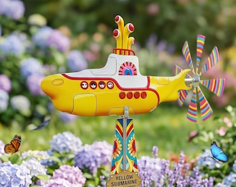 Yellow Submarine Wind Spinner, Colorful Garden Decor, Whimsical Yard Art, Outdoor Garden Stake Gift
