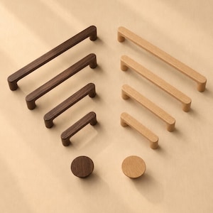 Lådhandtag i valnöts- och bokträ, nordiska minimalistiska skåphandtag, byråknoppar