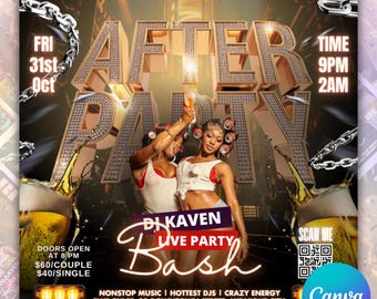 Editable After Party Bash Flyer, Adult DJ Nightclub Party Flyer, Mega DJ Music Event Flyer, Canva Editable Party Flyer Template