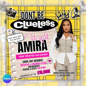 Può includere: Grafica promozionale con sfondo a quadri gialli. Il testo recita "DON'T BE CLUELESS" e "File With AMIRA, Your Trusted Tax Expert". Ulteriori testi evidenziano servizi come anticipi in giornata e dichiarazione dei redditi federale. È presente una donna in tailleur.