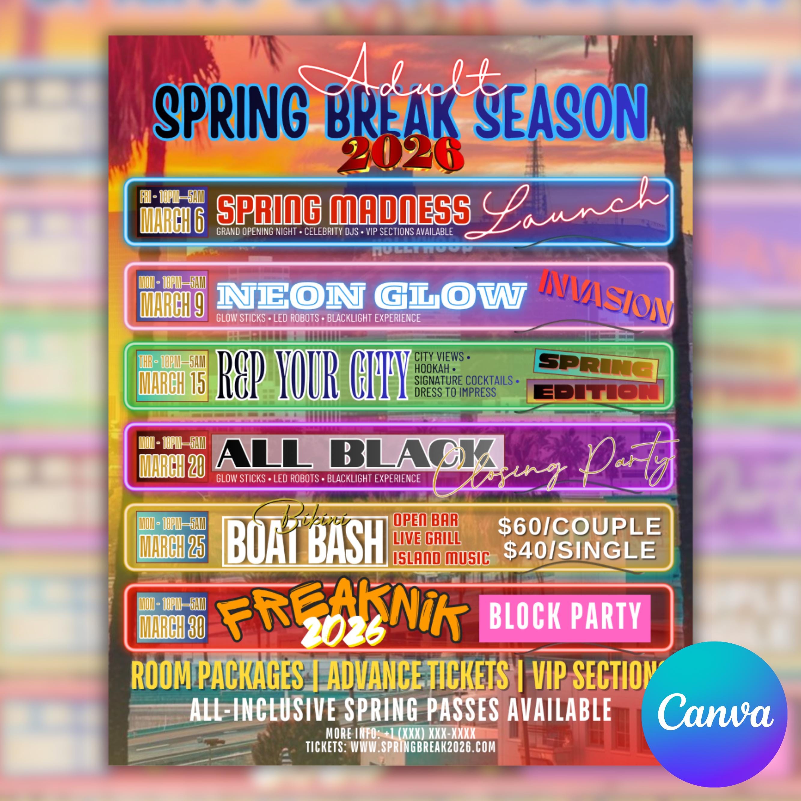 Spring Break Party Flyer, Adult Spring Break 2026, Club Lineup Flyer, Night Club Flyer, Editable Canva Template - Etsy Spring Break Party Flyer, Adult Spring Break 2026, Club Lineup Flyer, Night Club Flyer, Editable Canva Template - Etsy