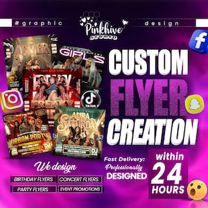 May include: A promotional graphic for Pinkhive Studio, showcasing custom flyer creation. The design features various event flyers with images and text, including "Freaky Time" and "Aura Saturday." The text highlights fast delivery within 24 hours.