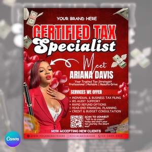 May include: A red and white promotional flyer for tax services. The flyer displays the text "CERTIFIED TAX SPECIALIST" and "Meet ARIANA DAVIS". Services include tax filing, audit support, and financial planning. A QR code is included.