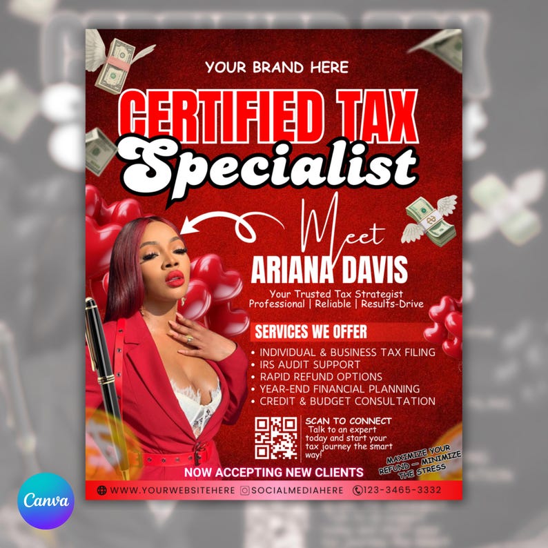 May include: A red and white promotional flyer for tax services. The flyer displays the text "CERTIFIED TAX SPECIALIST" and "Meet ARIANA DAVIS". Services include tax filing, audit support, and financial planning. A QR code is included.