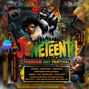 Puede incluir: Un vibrante cartel del Festival del Día de la Libertad del Juneteenth. Presenta ilustraciones de mujeres negras, un puño en alto y el texto "Juneteenth" en letras coloridas. El cartel también incluye detalles del evento como música en vivo.
