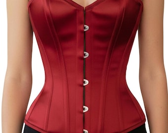 Maroon Satin Overbust Corset – Steel Boned Waist Trainer Costume