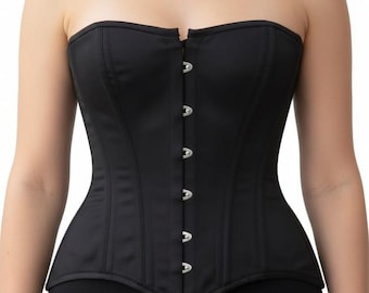 Steel Boned Black Cotton Overbust Corset – Waist Trainer Bustier for Halloween, Christmas, and Cosplay