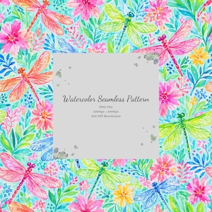 May include: A watercolour seamless pattern featuring pink, green, and blue dragonflies amidst colourful flowers and foliage. A central grey square contains the text: Watercolor Seamless Pattern, PNG File, 2000px x 2000px, 300 DPI Resolution.