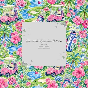 Watercolor Golf Seamless Pattern, Tropical Hibiscus Sublimation Design (Digital Download)
