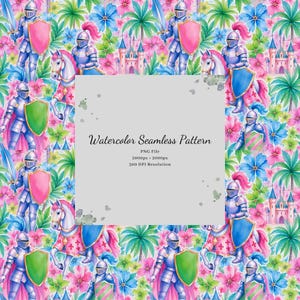 Könnte beinhalten: Ein nahtloses Aquarellmuster mit Rittern in silberner Rüstung, Pferden mit rosa Sätteln, rosa Schlössern und tropischen Palmen mit blauen und rosa Blumen. Der zentrale Text lautet: Watercolor Seamless Pattern PNG File 2000px x 2000px 300 DPI Resolution.