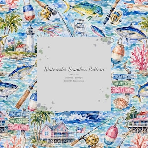 Peut inclure: Un motif aquarelle sans couture avec des cannes à pêche, des moulinets, des thons, un phare, des palmiers, des maisons côtières, des bouées, du corail et des panneaux indiquant Salty Vibes Tight Lines. Le texte central indique Watercolor Seamless Pattern PNG File 2000px 2000px 300 DPI Resolution.