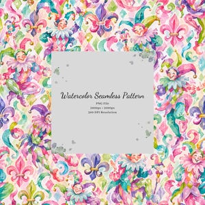 Watercolor Jester Seamless Pattern, Colorful Digital Download with 300 DPI