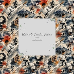 Karate Watercolor Seamless Pattern Digital Download for Martial Arts Crafts Sublimation Shirt Fabric Design