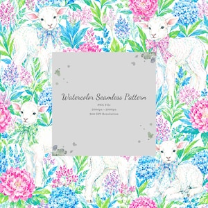 Op de afbeelding: Een naadloos aquarelpatroon met witte lammetjes met kleurrijke strikken, omringd door roze pioenrozen, blauwe hortensia's en groen blad. De centrale overlay toont de tekst: Watercolor Seamless Pattern, PNG File, 2000px x 2000px, 300 DPI Resolution.