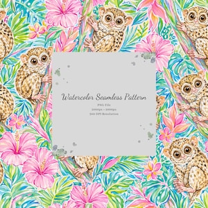 May include: A watercolor seamless pattern featuring small tarsiers with large eyes climbing on green tropical leaves and bright pink hibiscus flowers. The center overlay displays the text: Watercolor Seamless Pattern, PNG File, 2000px x 2000px, 300 DPI Resolution.