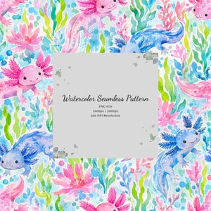 Watercolor Axolotl Seamless Pattern, Pink Amphibian Textile Design (Digital Download)