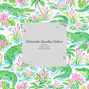 May include: A seamless pattern featuring green alligators, pink lotus flowers, and palm leaves on a white background. A gray square overlay contains the text: Watercolor Seamless Pattern, PNG File, 2000px x 2000px, 300 DPI Resolution.