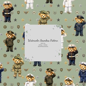 May include: A seamless pattern featuring watercolor teddy bears dressed in various military uniforms, including navy, army, and air force attire, set against a sage green background with scattered gold and dark gray star and emblem icons.
