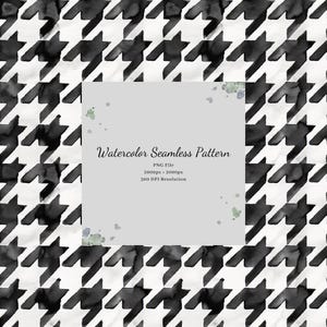 May include: A black and white watercolor houndstooth pattern with a central light gray square containing the text: Watercolor Seamless Pattern, PNG File, 2000px x 2000px, 300 DPI Resolution, accented by small green and purple paint splatters.