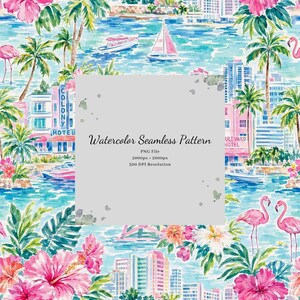Miami Florida Watercolor Seamless Pattern Digital Download for Sublimation Crafting Fabric and Scrapbooking Backgrounds