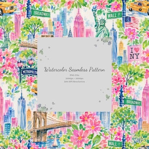 Könnte beinhalten: Ein nahtloses Aquarellmuster mit New Yorker Wahrzeichen wie der Freiheitsstatue, der Brooklyn Bridge, gelben Taxis sowie Straßenschildern für Broadway und Wall Street, umgeben von leuchtend rosa Blumen und grünem Blattwerk.