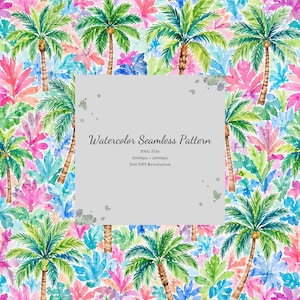 May include: A watercolor seamless pattern featuring green palm trees and vibrant pink, blue, and green foliage. A central gray square displays the text: Watercolor Seamless Pattern, PNG File, 2000px x 2000px, 300 DPI Resolution.