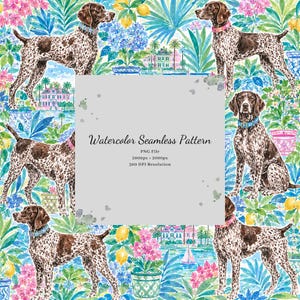 May include: A watercolor seamless pattern featuring brown and white spotted dogs, blue hydrangeas, yellow lemons, and pink houses. The central text reads: Watercolor Seamless Pattern, PNG File, 2000px x 2000px, 300 DPI Resolution.
