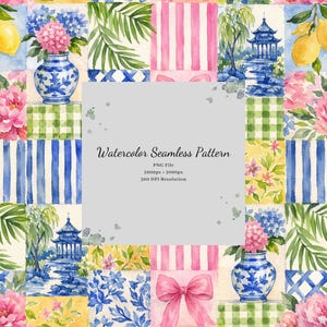 Könnte beinhalten: Ein nahtloses Aquarellmuster mit einem Raster aus Illustrationen, darunter blau-weiße Vasen mit rosa Hortensien, gelbe Zitronen, grüne Palmblätter, rosa-weiße Streifen, blaue Pagoden, grünes Vichy-Karo und rosa Schleifen mit Text.