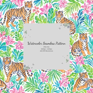 Puede incluir: Un patrón de acuarela sin costuras que presenta tigres naranjas y negros entre vibrantes flores rosas y hojas tropicales verdes. Un cuadrado gris central muestra el texto: Watercolor Seamless Pattern, PNG File, 2000px x 2000px, 300 DPI Resolution.