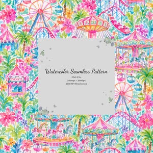 Watercolor Amusement Park Seamless Pattern, Roller Coaster Digital Paper (Sublimation, Scrapbooking)