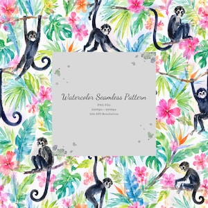 Watercolor Spider Monkey Seamless Pattern, Tropical Animal Fabric Design (Digital Download)