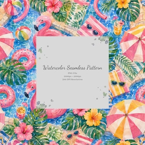 May include: A watercolor seamless pattern featuring pink flamingos, striped beach umbrellas, pool floats, tropical hibiscus flowers, monstera leaves, beach towels, and sunglasses on a blue water background with text: Watercolor Seamless Pattern.