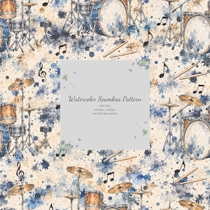Puede incluir: Un patrón continuo con ilustraciones en acuarela de baterías, platillos y baquetas sobre un fondo crema con salpicaduras de pintura azul y marrón y notas musicales. El centro incluye el texto: Watercolor Seamless Pattern, PNG File, 2000px x 2000px, 300 DPI Resolution.