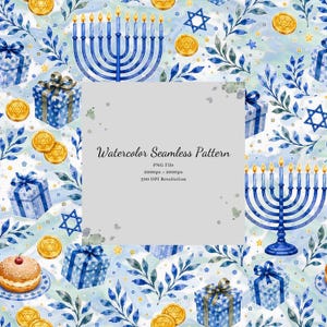 Hanukkah Watercolor Seamless Pattern, Festive Jewish Holiday Digital Paper (PNG)