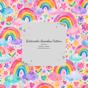 May include: A watercolour seamless pattern featuring colourful rainbows, pink and purple clouds, small flowers, hearts, and stars on a light background. The central text reads: Watercolor Seamless Pattern, PNG File, 2000px x 2000px, 300 DPI Resolution.