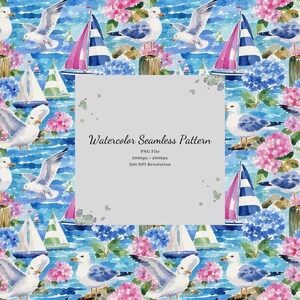 Watercolor Seagull Seamless Pattern Digital Download Coastal Beach Background for Sublimation Fabric Scrapbooking