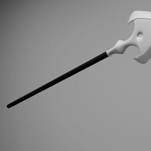 Puede incluir: Una lanza estilizada con un asta negra y una cabeza blanca decorativa. La cabeza presenta un diseño curvo con un agujero central y un extremo puntiagudo. La lanza se encuentra sobre un fondo degradado gris.